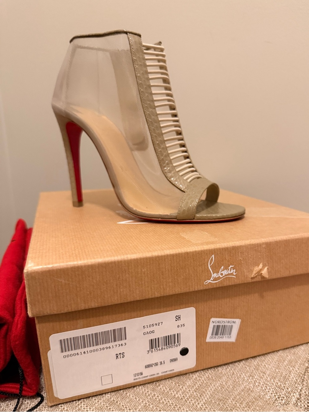 Christian Louboutin Mesh Strappy Open-Toe Stiletto with Red Sole